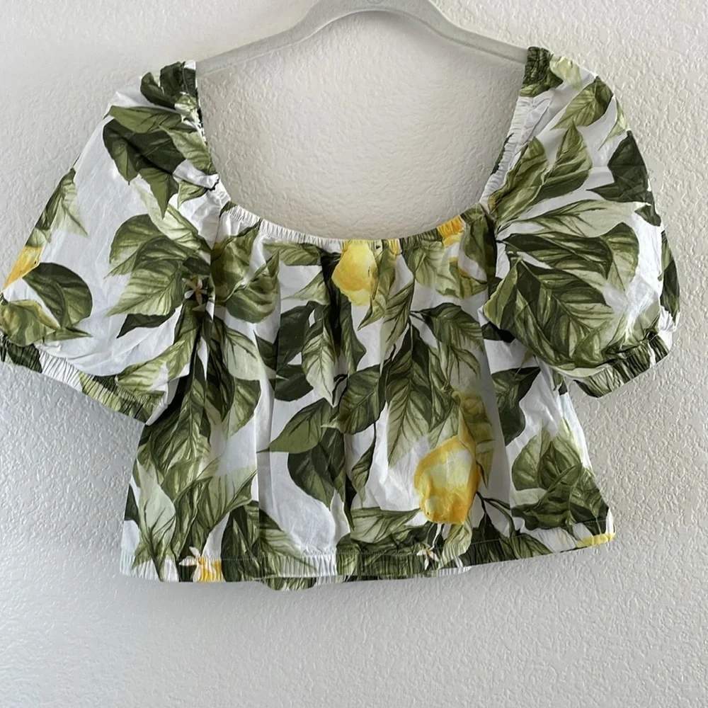 H&M Green and Yellow Oranges Smocked Crop Blouse size M - Picture 5 of 6